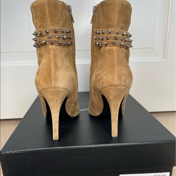 Authentic Saint Laurent Women Tan Suede Ankle Boot with silver spikes size:37.5 - Picture 5 of 12